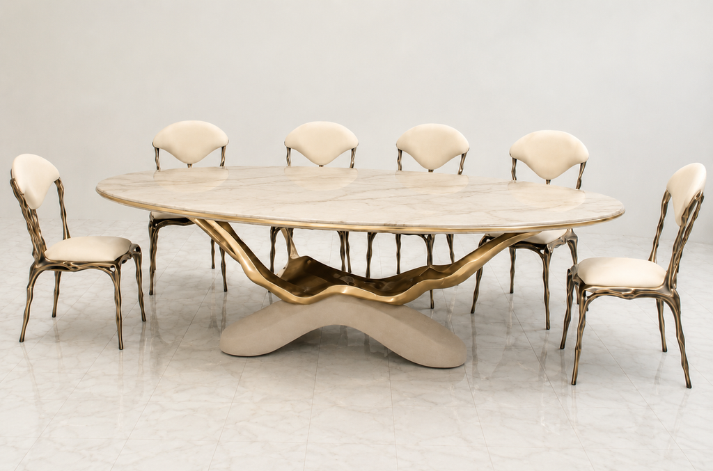 Luxury Monarch Marble Dining Set with marble top, marble base, brass and solid wood table detailing, ivory upholstered chairs, and solid wood brass chair structure for premium dining room décor in Pakistan.