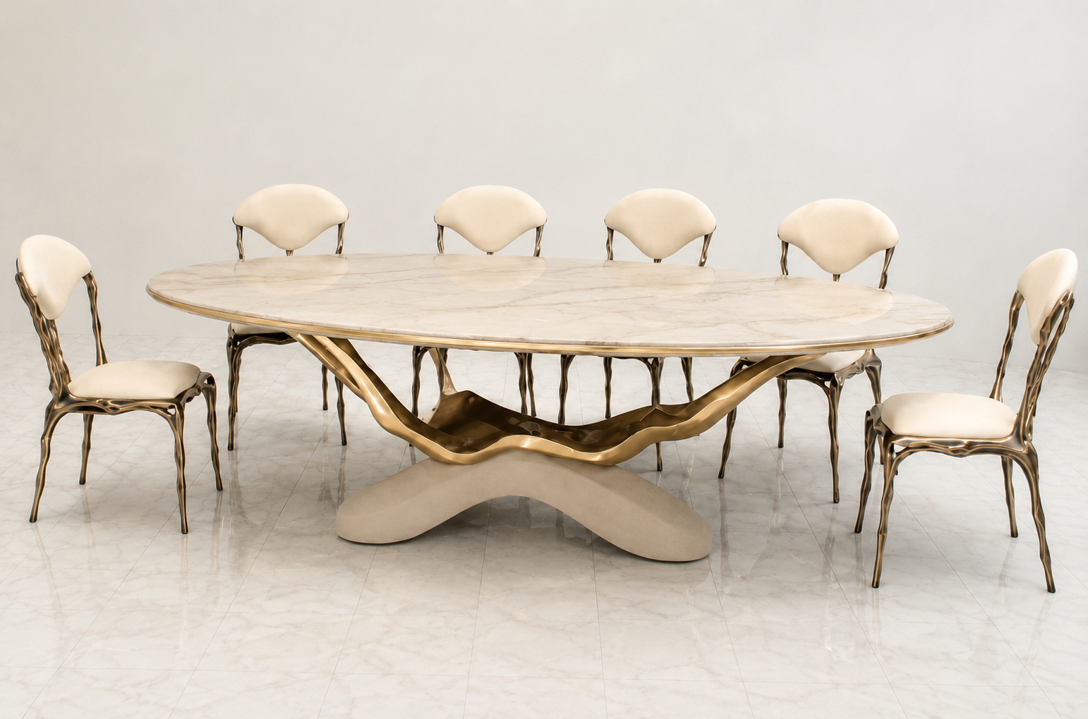 Luxury Monarch Marble Dining Set with marble top, marble base, brass and solid wood table detailing, ivory upholstered chairs, and solid wood brass chair structure for premium dining room décor in Pakistan.