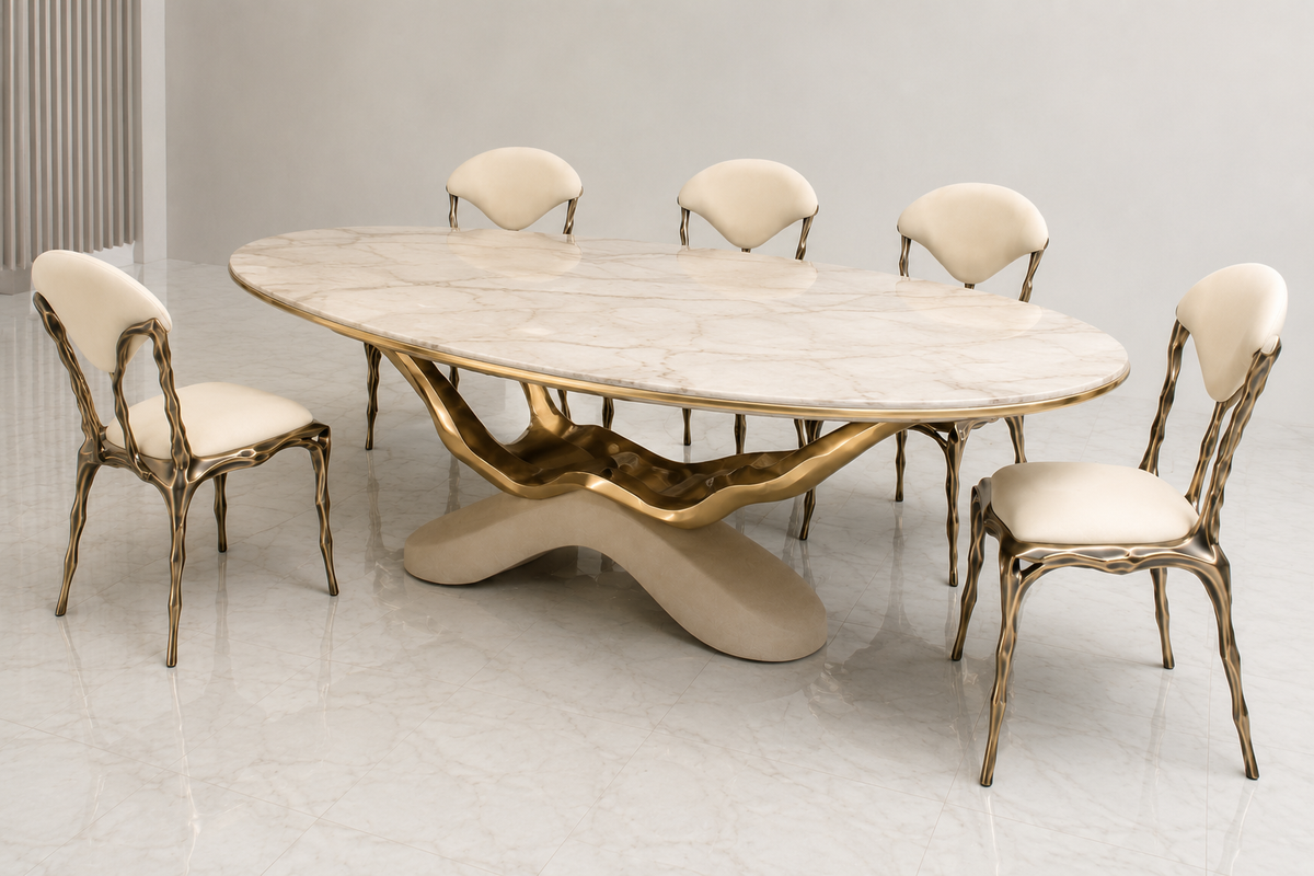 Luxury Monarch Marble Dining Set with marble top, marble base, brass and solid wood table detailing, ivory upholstered chairs, and solid wood brass chair structure for premium dining room décor in Pakistan.