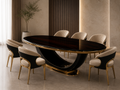 The Regent Black & Gold Dining Set with glossy oval black table, sculptural curved gold-accented base, cream upholstered chairs, black chair backs, and luxury modern dining room design in Pakistan.