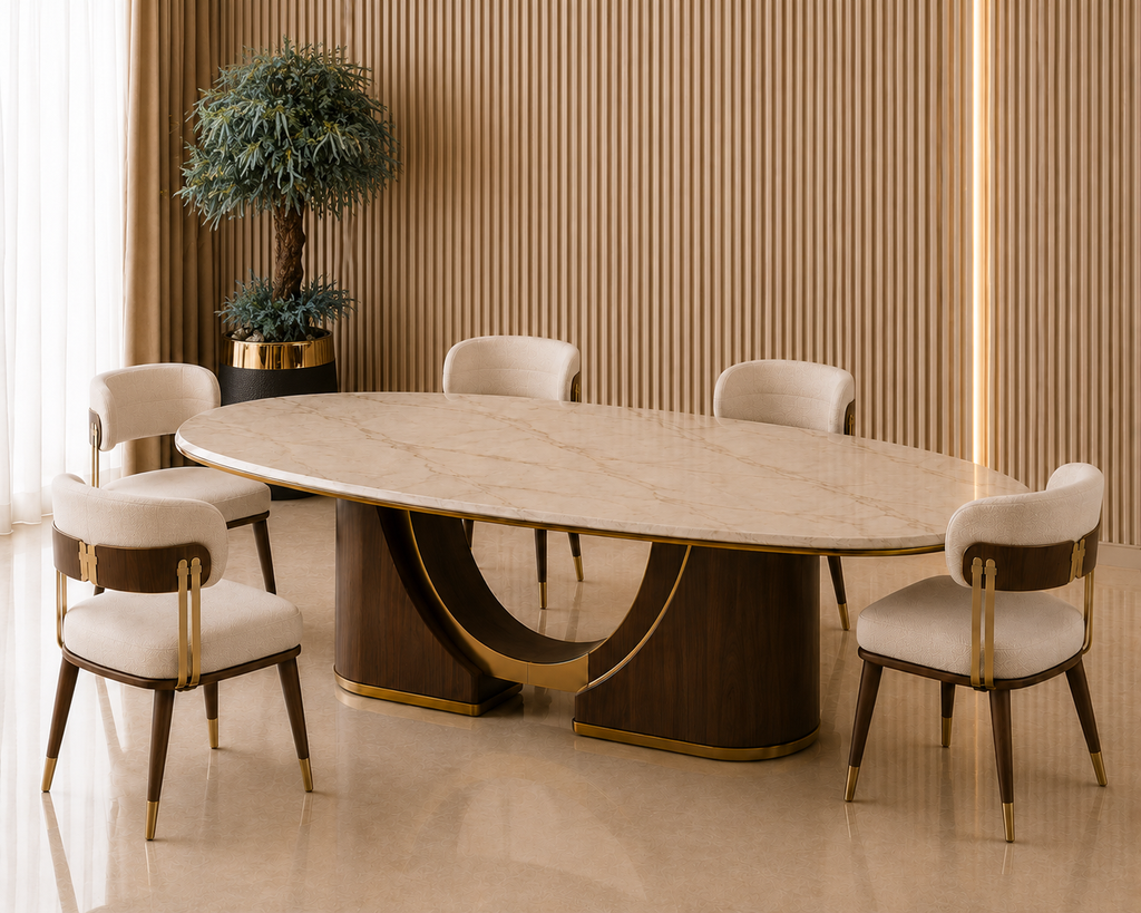 Opal Marble Dining Set with oval marble top, sculptural wooden base, gold accents, ivory upholstered chairs, solid wood frame, and luxury modern dining room design for premium Pakistani homes.