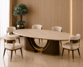Opal Marble Dining Set with oval marble top, sculptural wooden base, gold accents, ivory upholstered chairs, solid wood frame, and luxury modern dining room design for premium Pakistani homes.