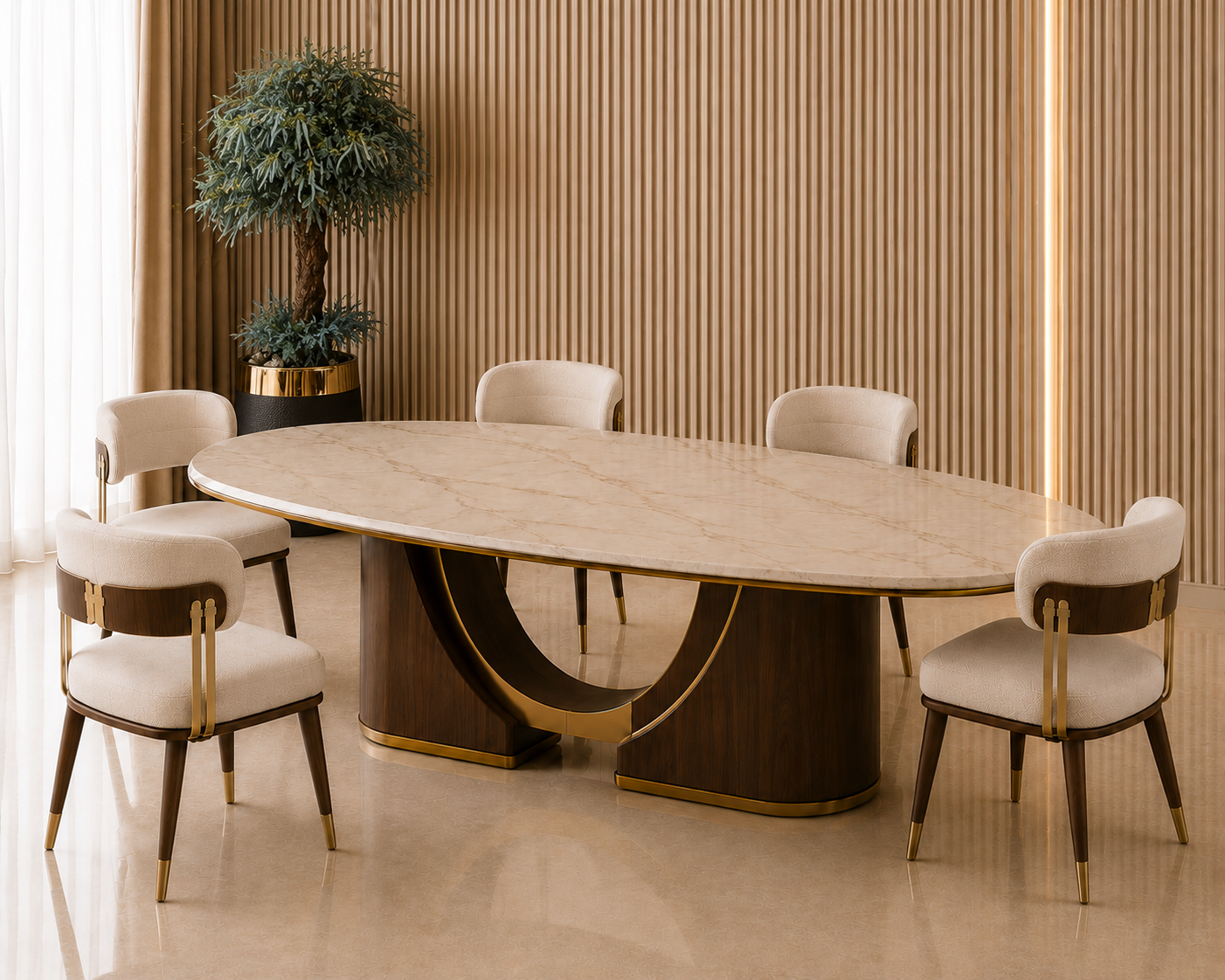 Z Galleria marble and wood dining table with upholstered chairs