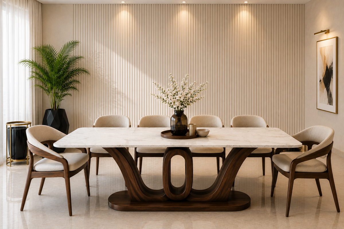 Lumina Marble Dining Set by Z Galleria featuring a polished white marble tabletop, sculptural solid wood walnut base and upholstered wooden dining chairs.