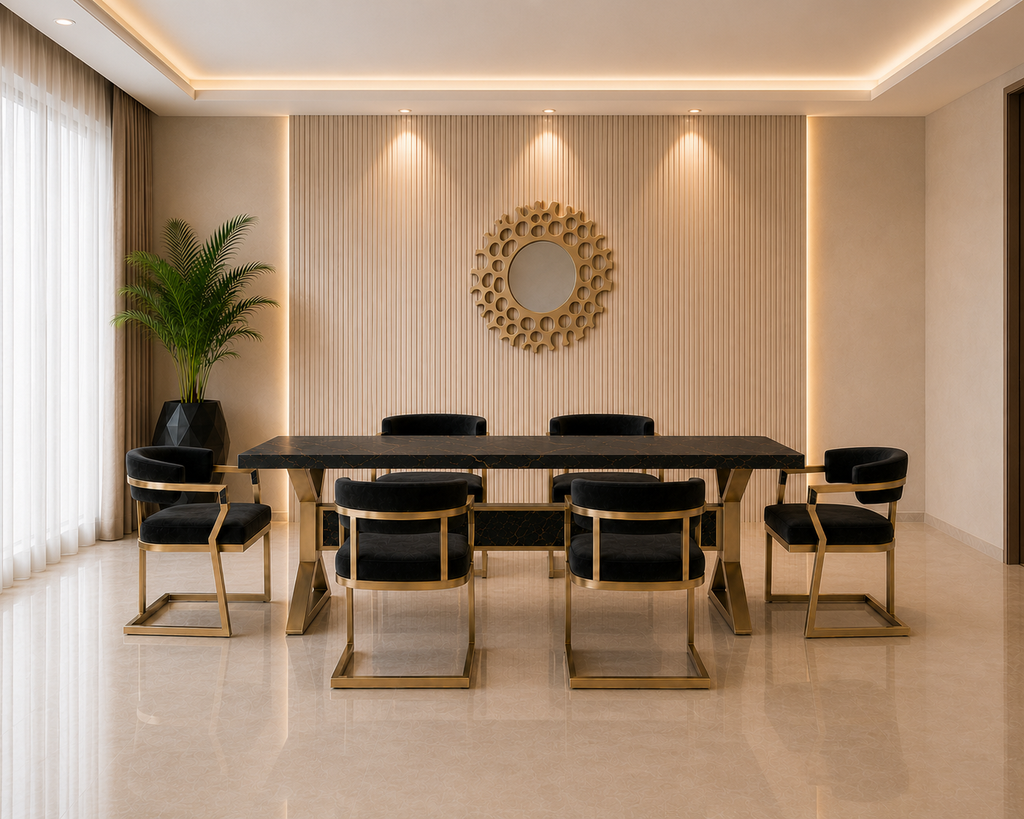 The Eclipse Gold Dining Set with black marble tabletop, champagne-gold geometric metal base, and six black upholstered gold-frame dining chairs.