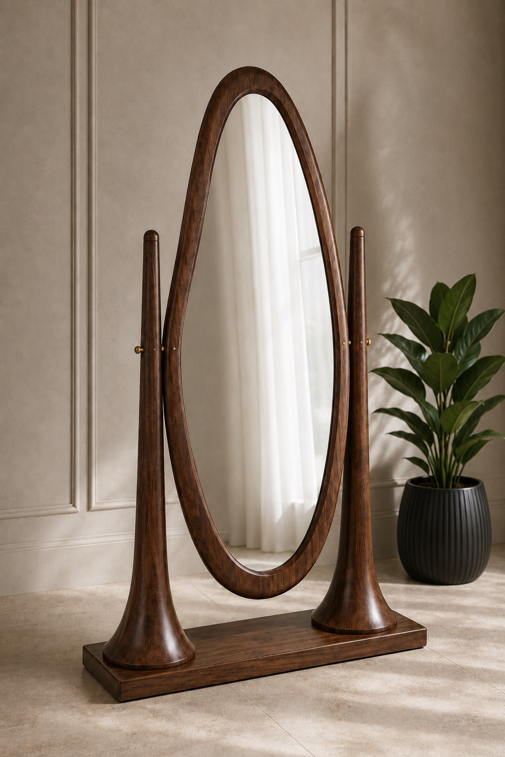 Aurelia full-length oval floor mirror with a solid-wood Sheesham frame, sculpted wooden pillars, adjustable golden joints and rectangular base, available in Pakistan.