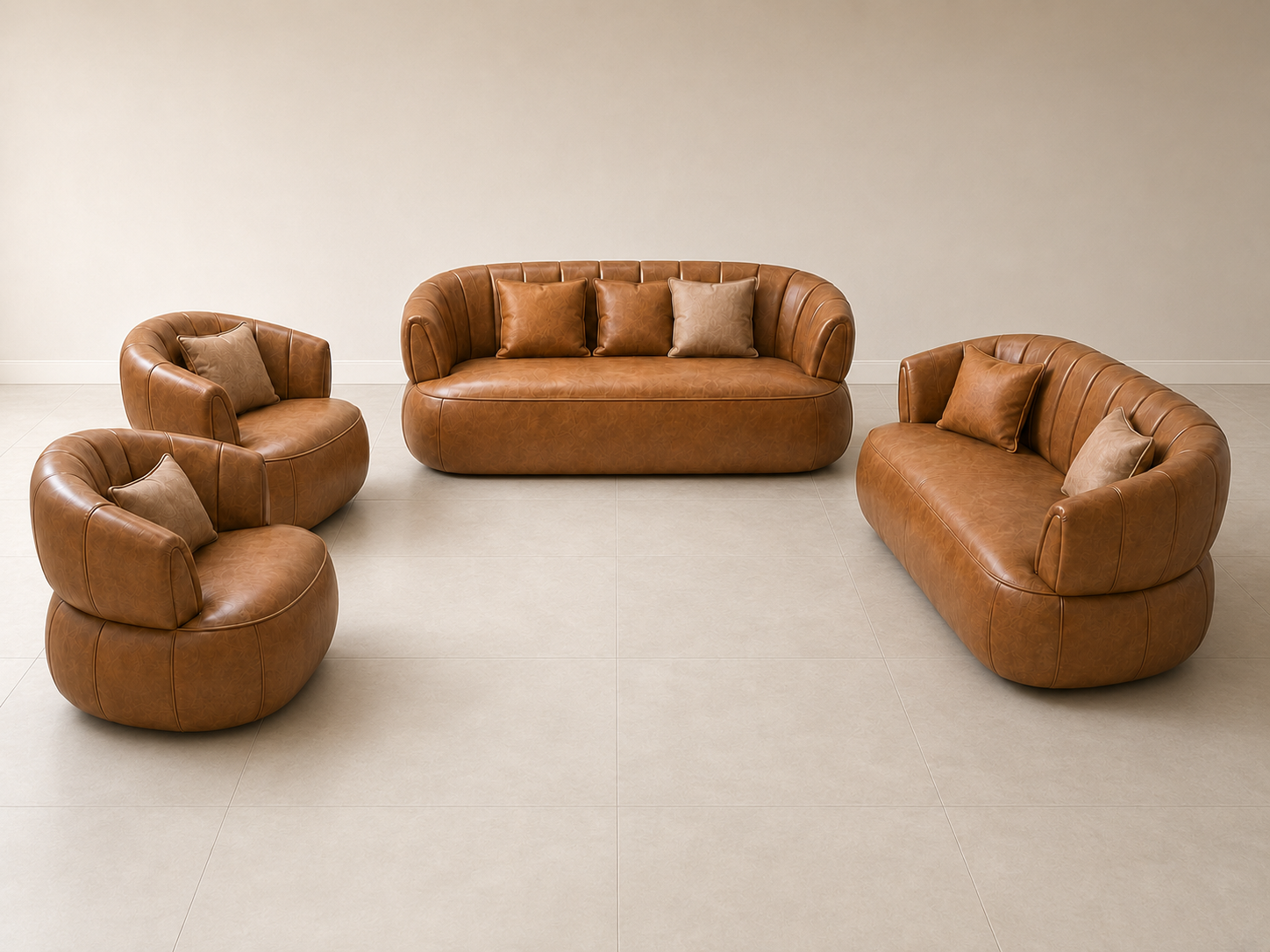 Complete Aurelia cognac-brown leather sofa set in Pakistan, featuring a three-seater, two-seater and two single-seater chairs with curved arms, channel detailing and matching cushions for modern Pakistani drawing rooms and lounges.