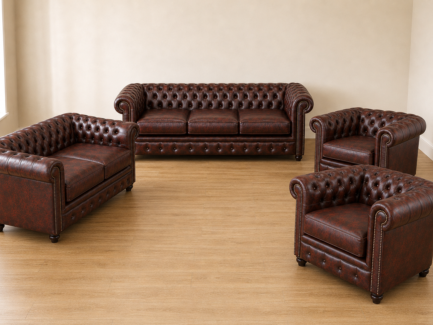 Complete Windsor oxblood leather Chesterfield sofa set in Pakistan, featuring a three-seater, two-seater and two spacious single chairs with deep button tufting, rolled arms, antique-brass nailhead trim and dark wooden legs.