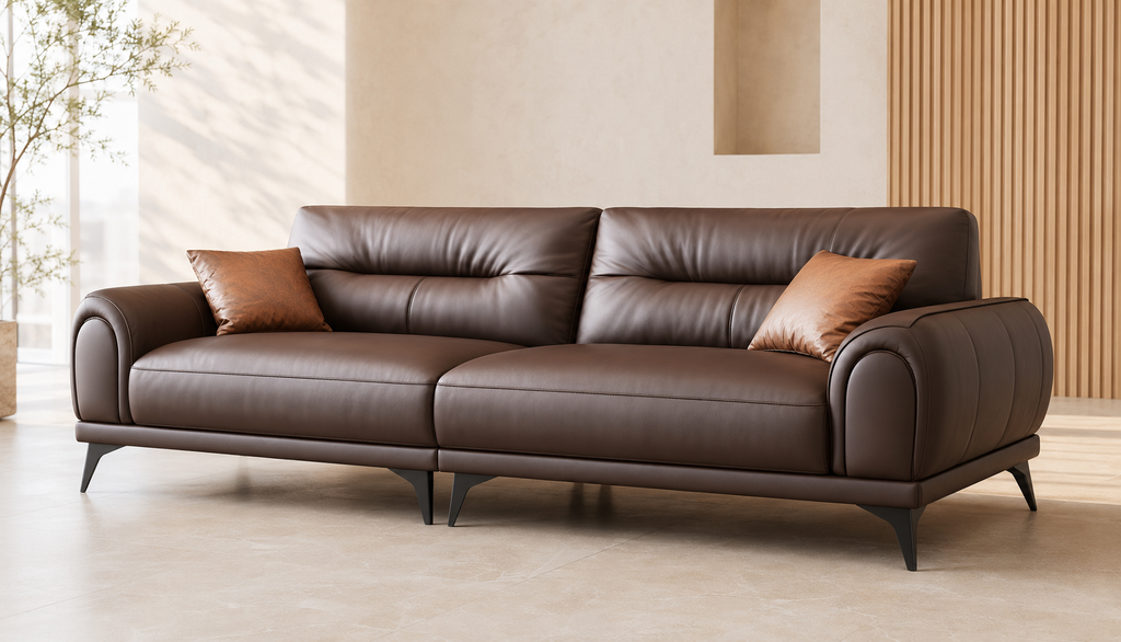 Espresso brown three-seater leatherette lounge sofa with rounded arms, soft segmented back cushions, caramel throw cushions and slim black metal legs.