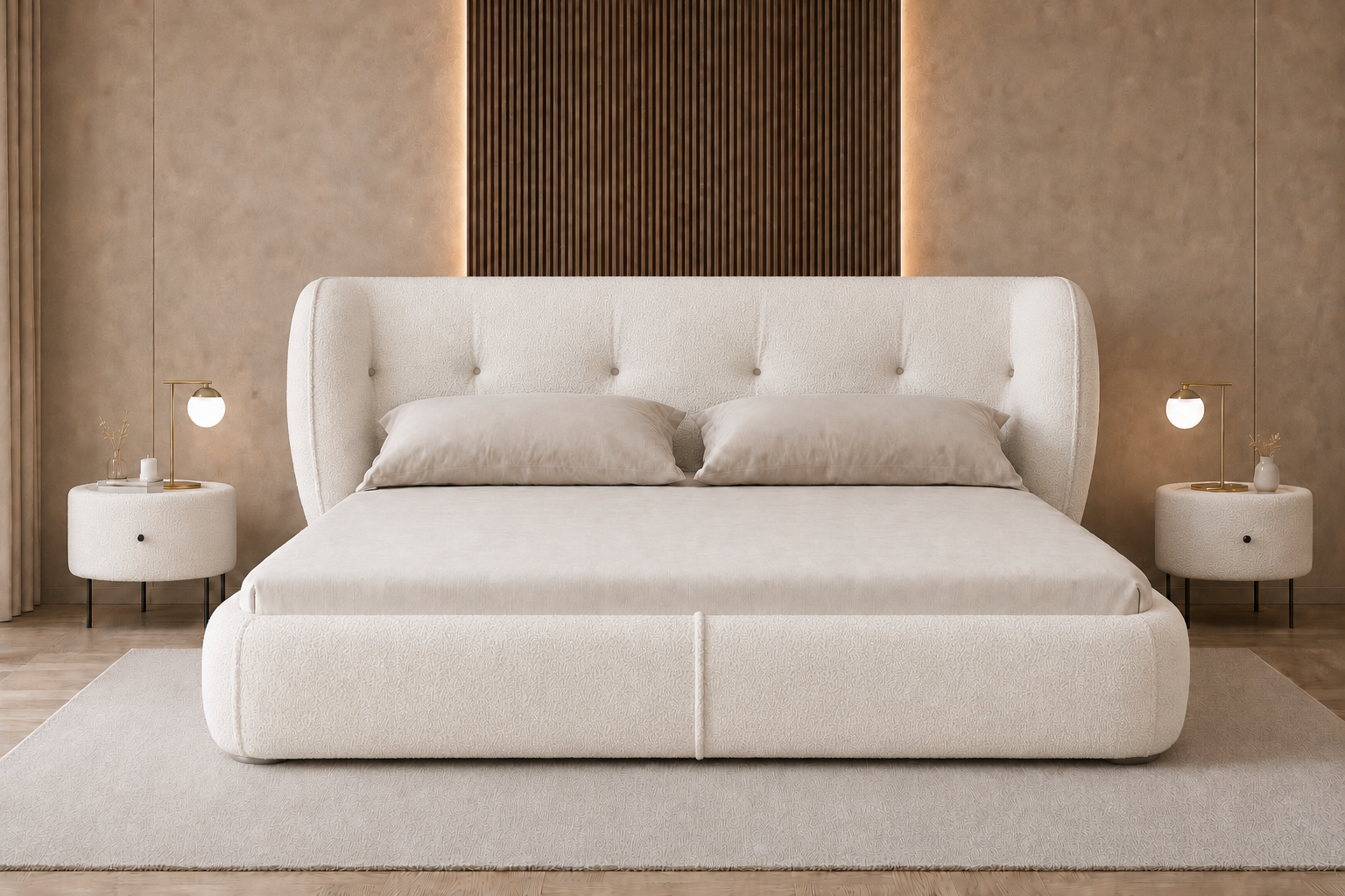 Serene white bouclé upholstered bed set by Z Galleria featuring a curved wingback tufted headboard, low rounded footboard and two matching side tables in a luxury modern bedroom.