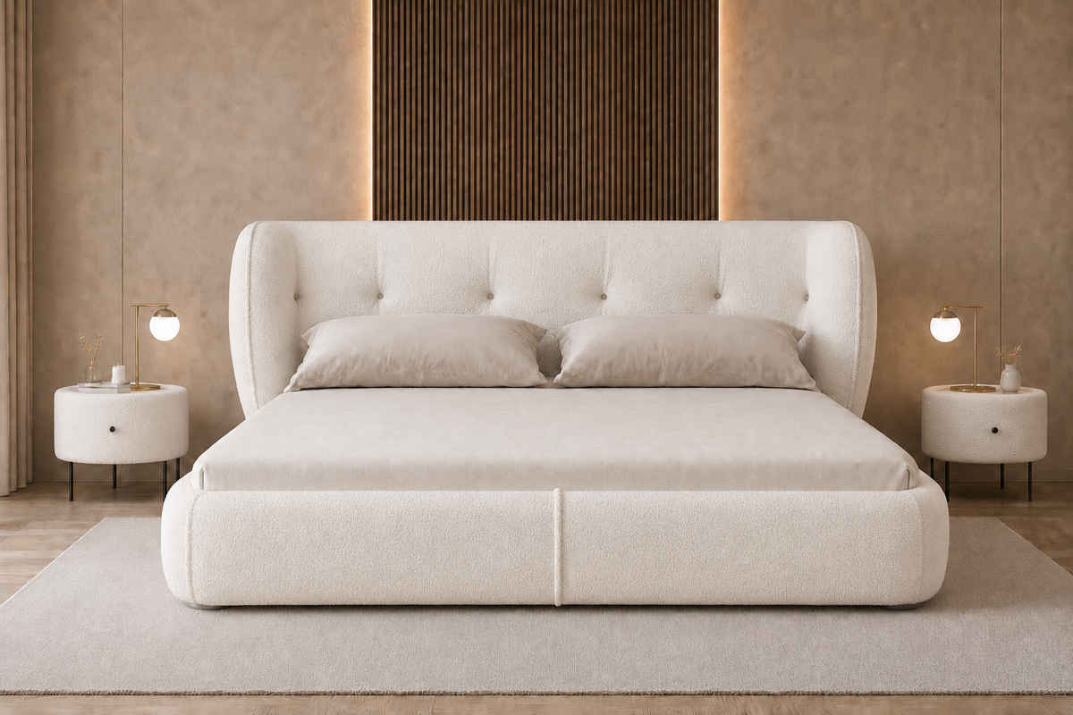 Serene white bouclé upholstered bed set by Z Galleria featuring a curved wingback tufted headboard, low rounded footboard and two matching side tables in a luxury modern bedroom.