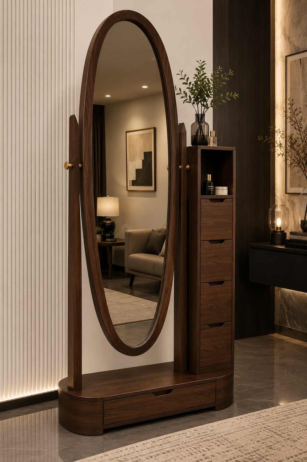Aura oval dressing mirror with storage by Z Galleria
