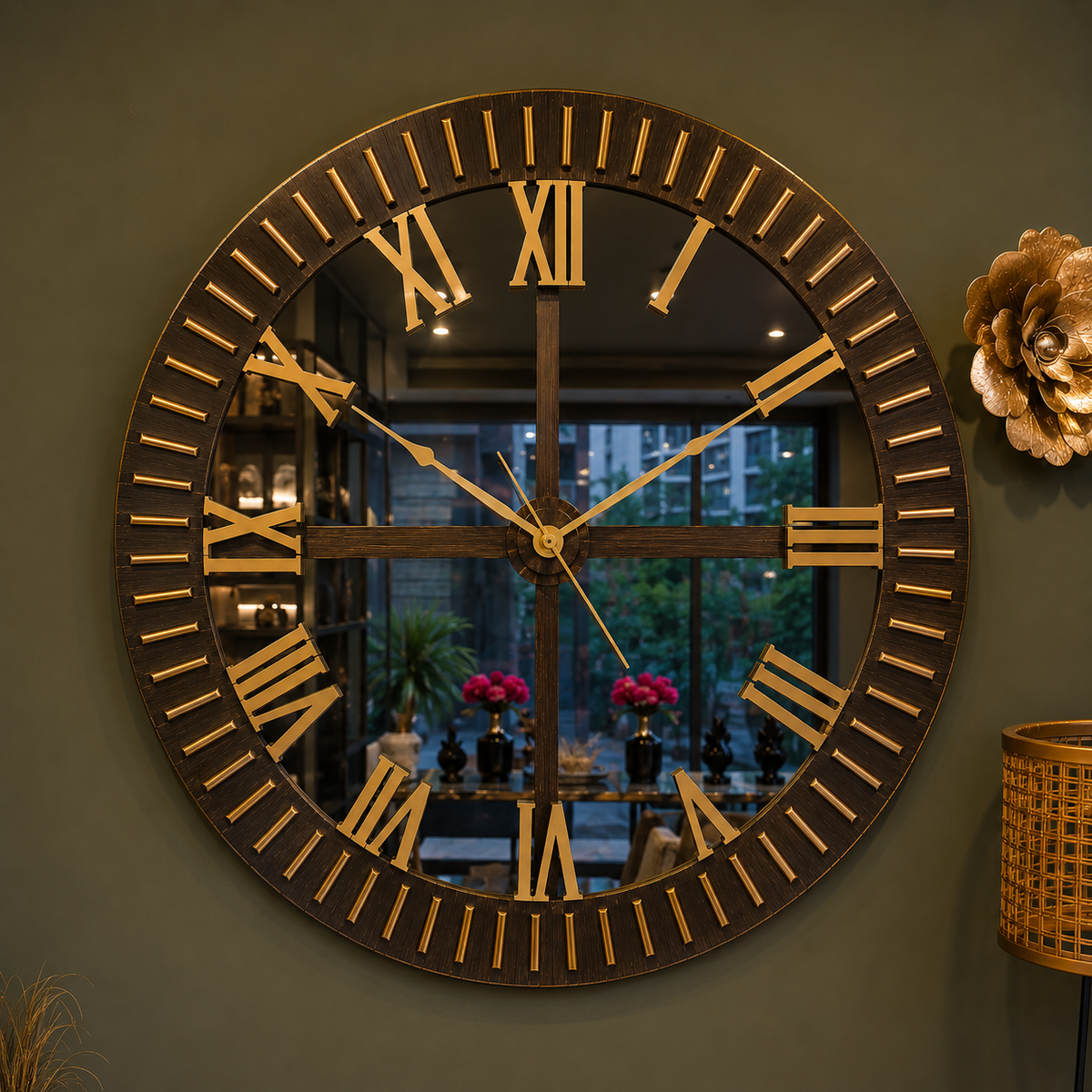 Imperial Roman Clock Mirror with dark wooden frame, gold Roman numerals, mirror center, and decorative wall clock design.