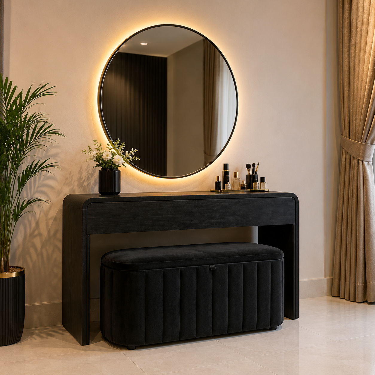 Noir Glow black dressing table set with round LED mirror, wooden vanity table, and velvet hydraulic storage ottoman for modern bedroom interior.