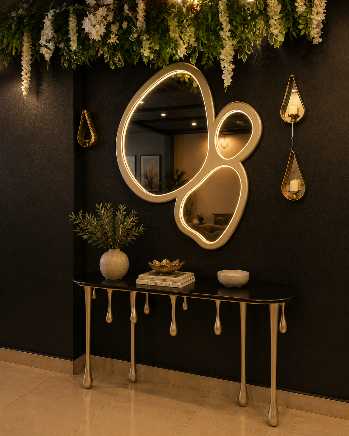 Luxury black and silver drip console table with organic warm LED mirror for modern foyer and lounge interiors in Pakistan