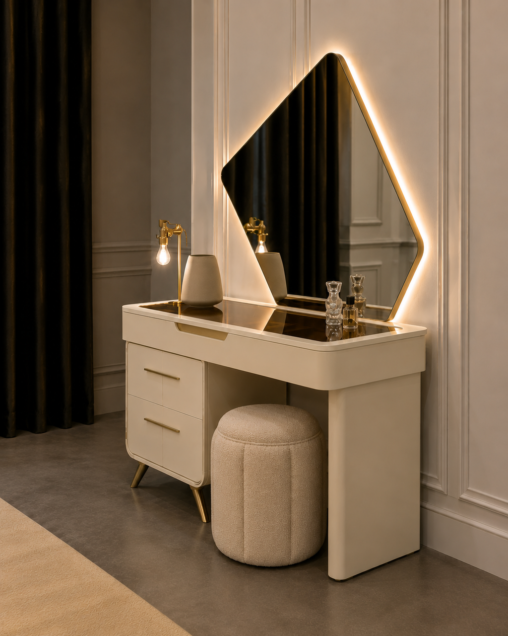 A modern vanity table set in a luxury room, featuring a cream-colored desk with gold legs, a matching round ottoman, and a large diamond-shaped backlit mirror.