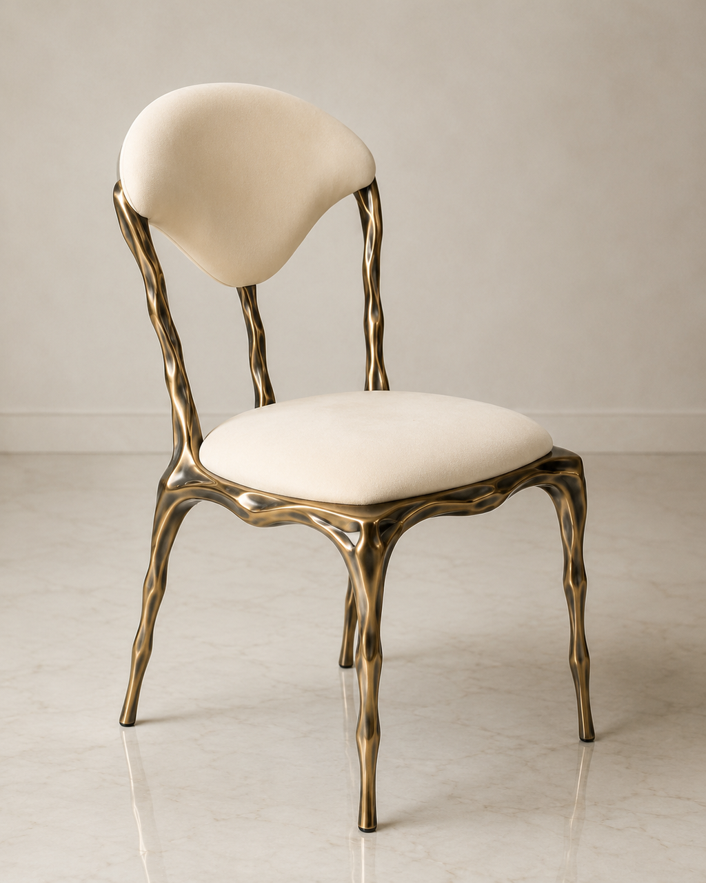 A luxury dining chair with a sculptural, wavy metallic gold frame and cream-colored upholstered seat and backrest, set against a neutral beige background.