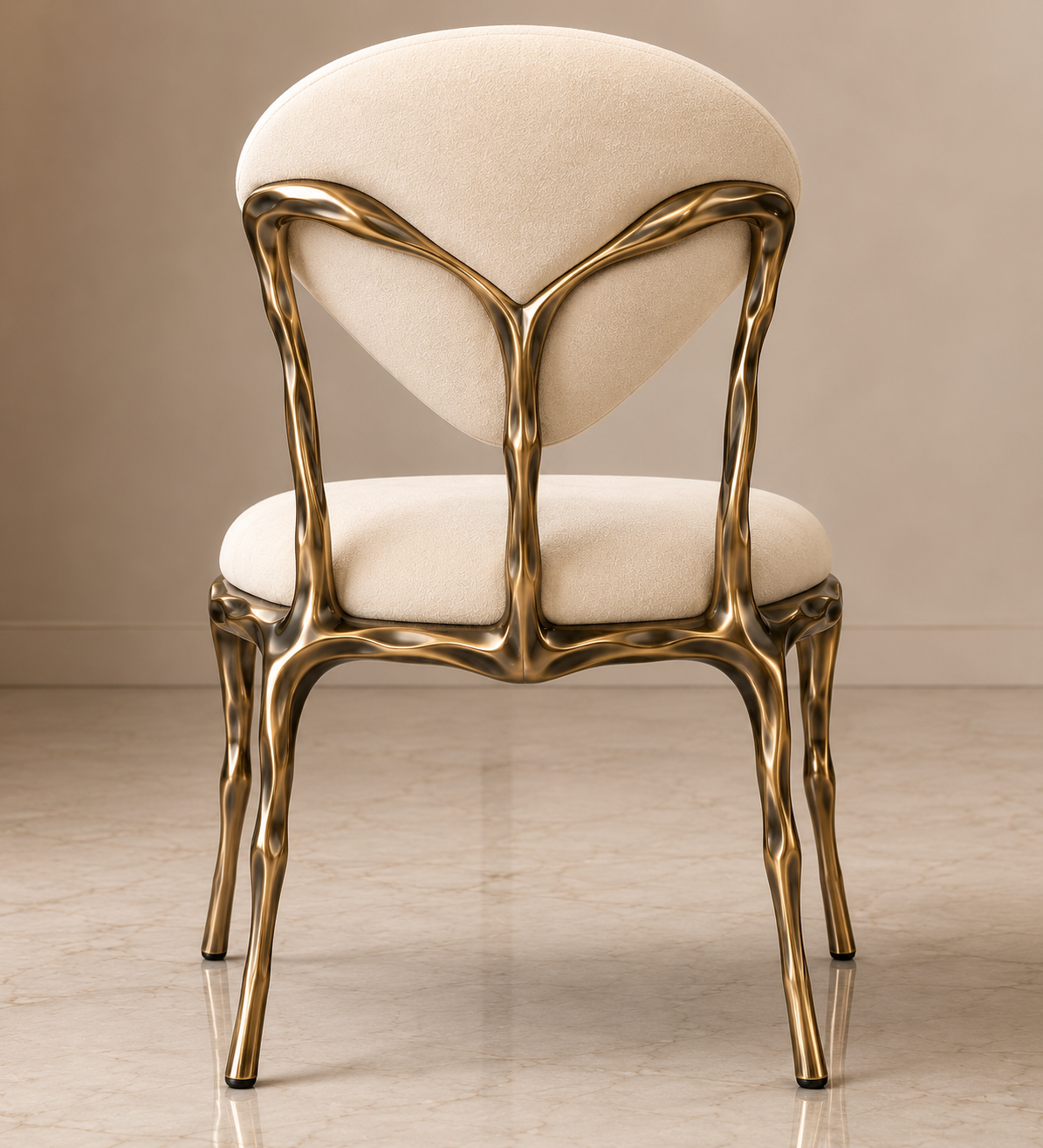 An elegant dining chair with a sculptural, wavy metallic gold frame and cream-colored upholstered seat and backrest, shown against a neutral beige background.