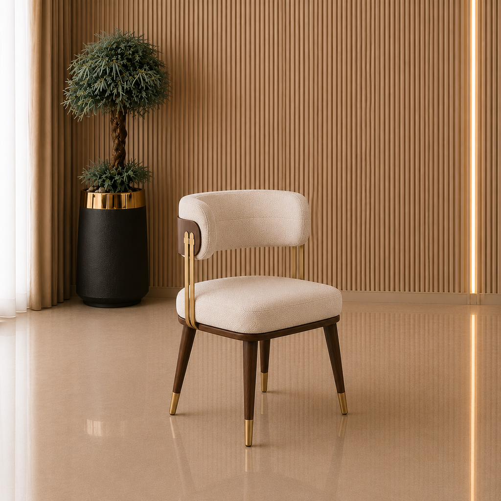 A modern accent chair with cream upholstery, dark wood legs, and gold metal accents, set against a warm beige ribbed wall with a potted plant in the background.