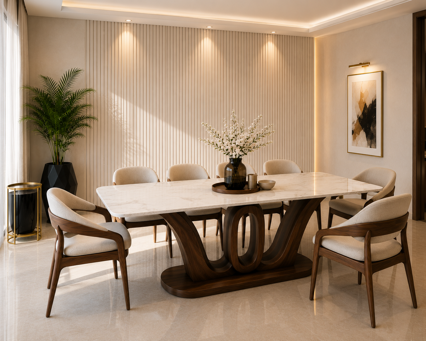 Lumina Marble Dining Set by Z Galleria featuring a polished white marble tabletop, sculptural solid wood walnut base and upholstered wooden dining chairs.