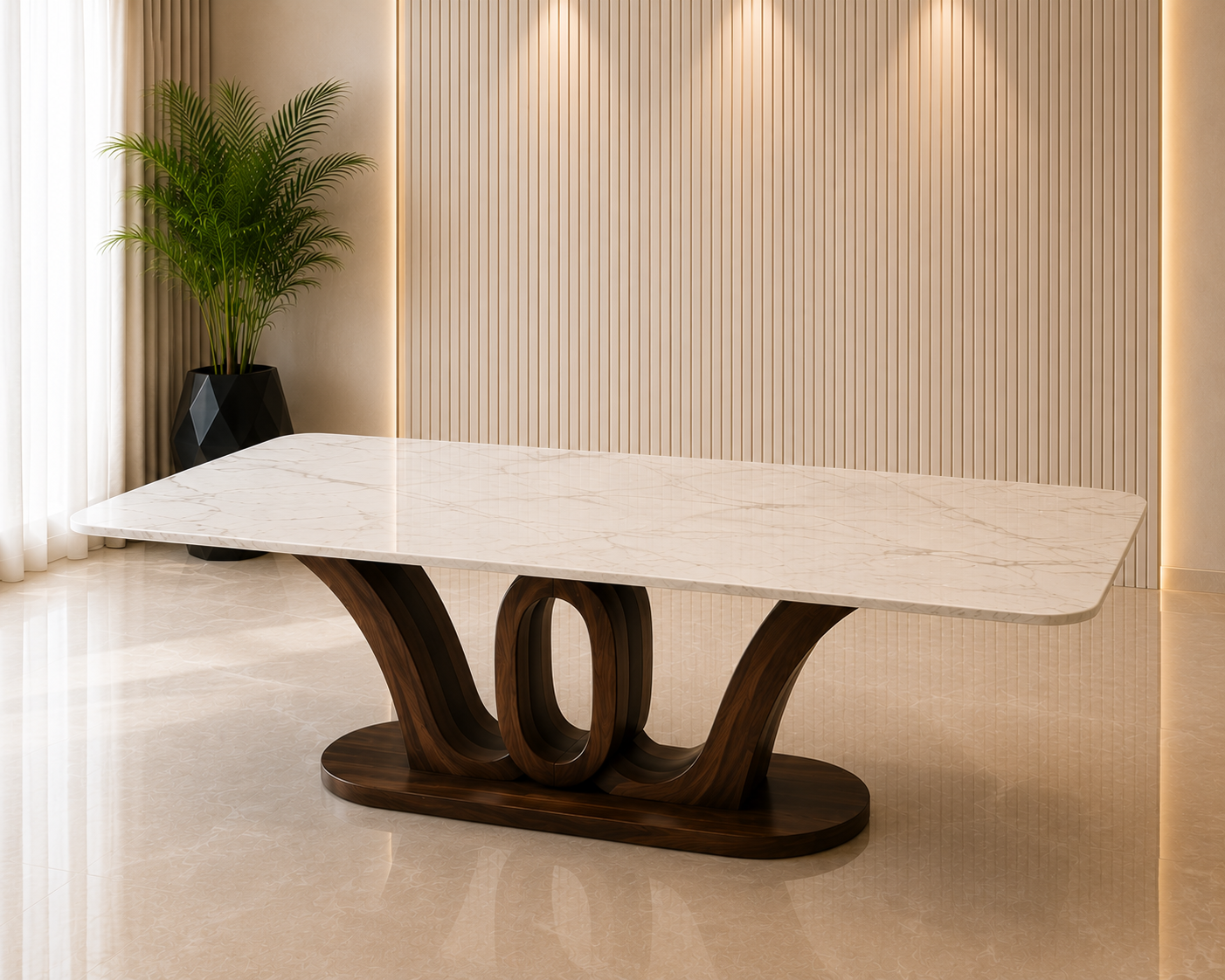 A modern rectangular dining table with a white marble-look top and a sculptural dark wood base, shown in a warm, contemporary interior setting by z galleria