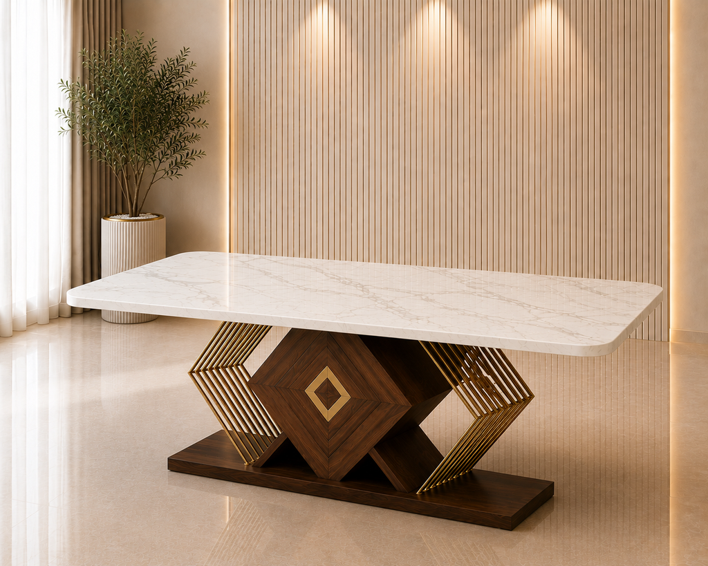 A modern rectangular dining table with a white marble-look top and a geometric dark wood and gold metal base, shown in a styled interior room with a slatted beige wall and floor.