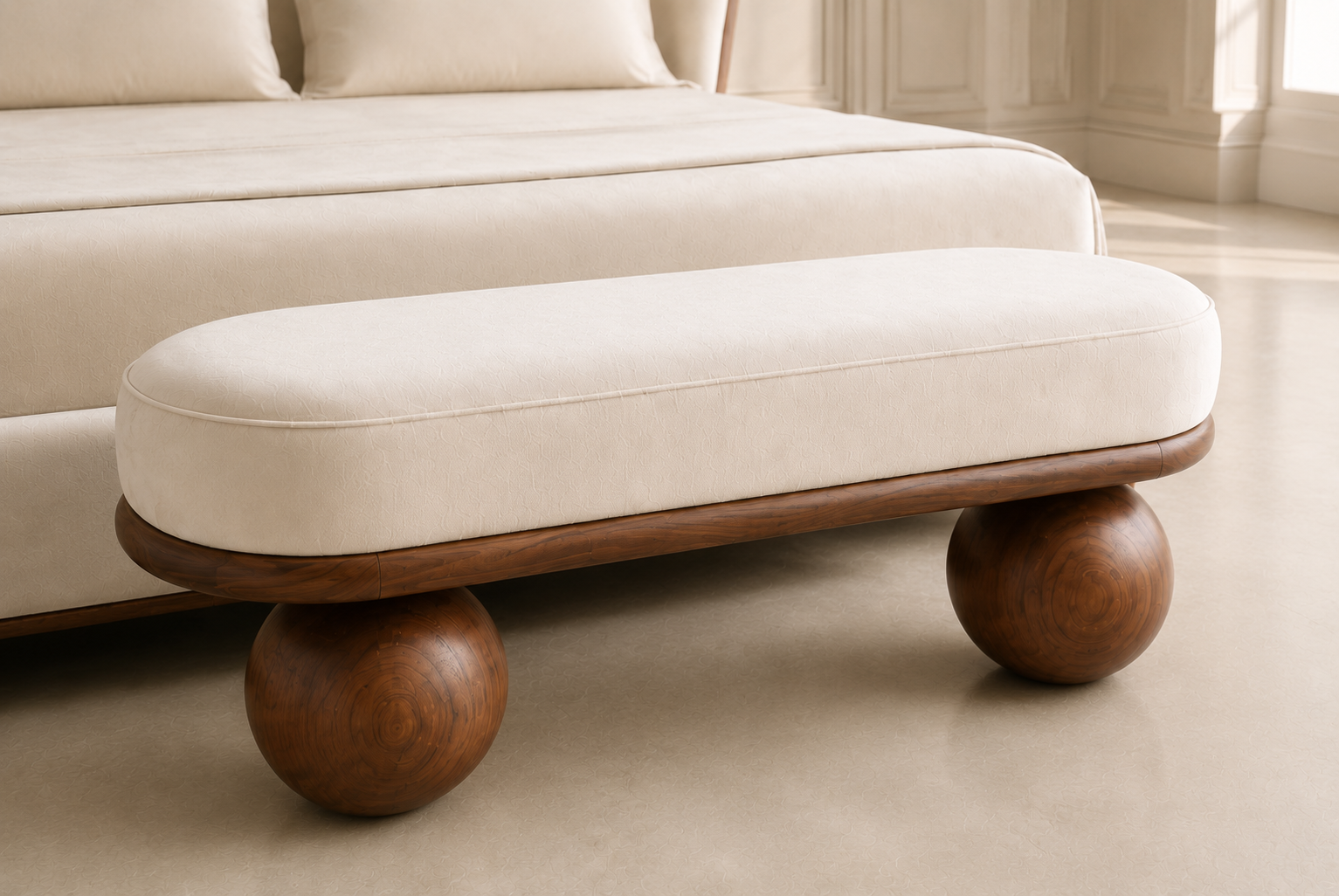 A modern upholstered bench with a cream fabric cushion and rounded wooden legs, positioned in front of a matching cream upholstered bed in a bright, neutral-toned room.