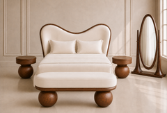 The Solenne Bed Set featuring a light-grey velvet upholstered bed with a wave-shaped headboard, solid sheesham wood frame, two round bedside tables with drawers, an oval seating console and a matching full-length mirror in a contemporary Pakistani bedroom.