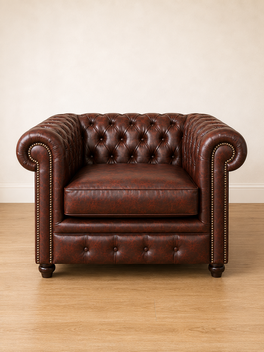 A classic Chesterfield armchair in dark brown leather with tufted button detailing, rolled arms, and nailhead trim, set against a neutral beige wall and light wood floor.