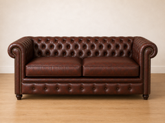 A classic Chesterfield sofa upholstered in dark brown leather, featuring deep button tufting, rolled arms with nailhead trim, and two seat cushions, set against a neutral beige wall and light wood floor.