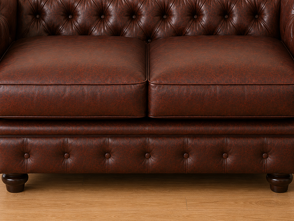 A close-up of a dark brown leather Chesterfield sofa, showing the tufted backrest, two seat cushions, and the matching tufted base with dark wooden legs on a light wood floor.