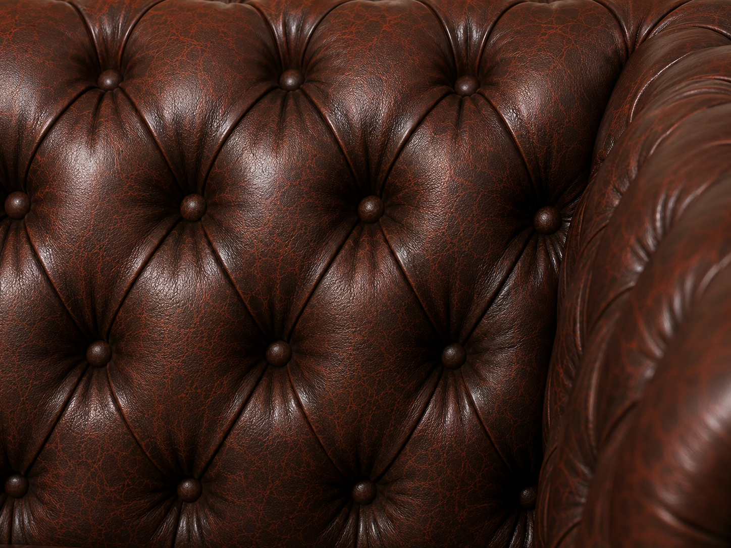 Close-up of a dark brown tufted leather sofa or armchair, showing the buttoned diamond pattern and rich leather texture.
