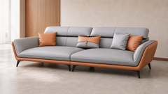 A modern three-seat sofa with light gray upholstery and warm brown leather-look arms and base, styled with four accent pillows in orange and light gray, set in a minimalist interior room.