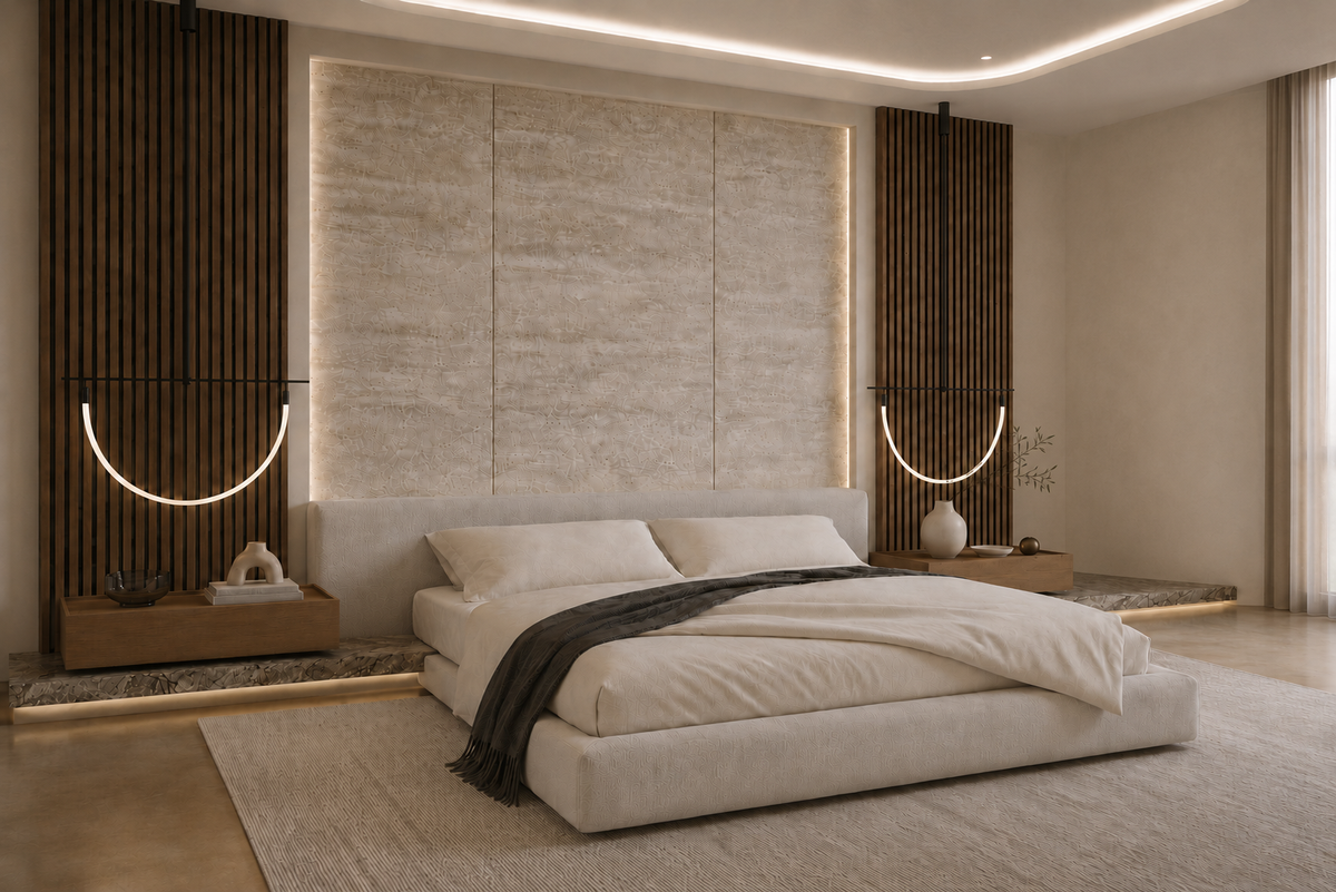 Luma Arc ivory platform bed set detail view