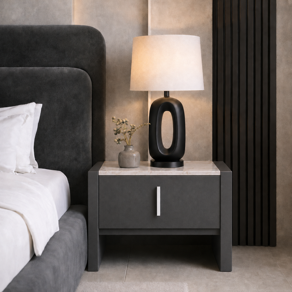 Verdant layered olive bed set bedside table detail