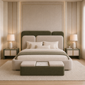 Verdant layered olive bed set styled in a bedroom
