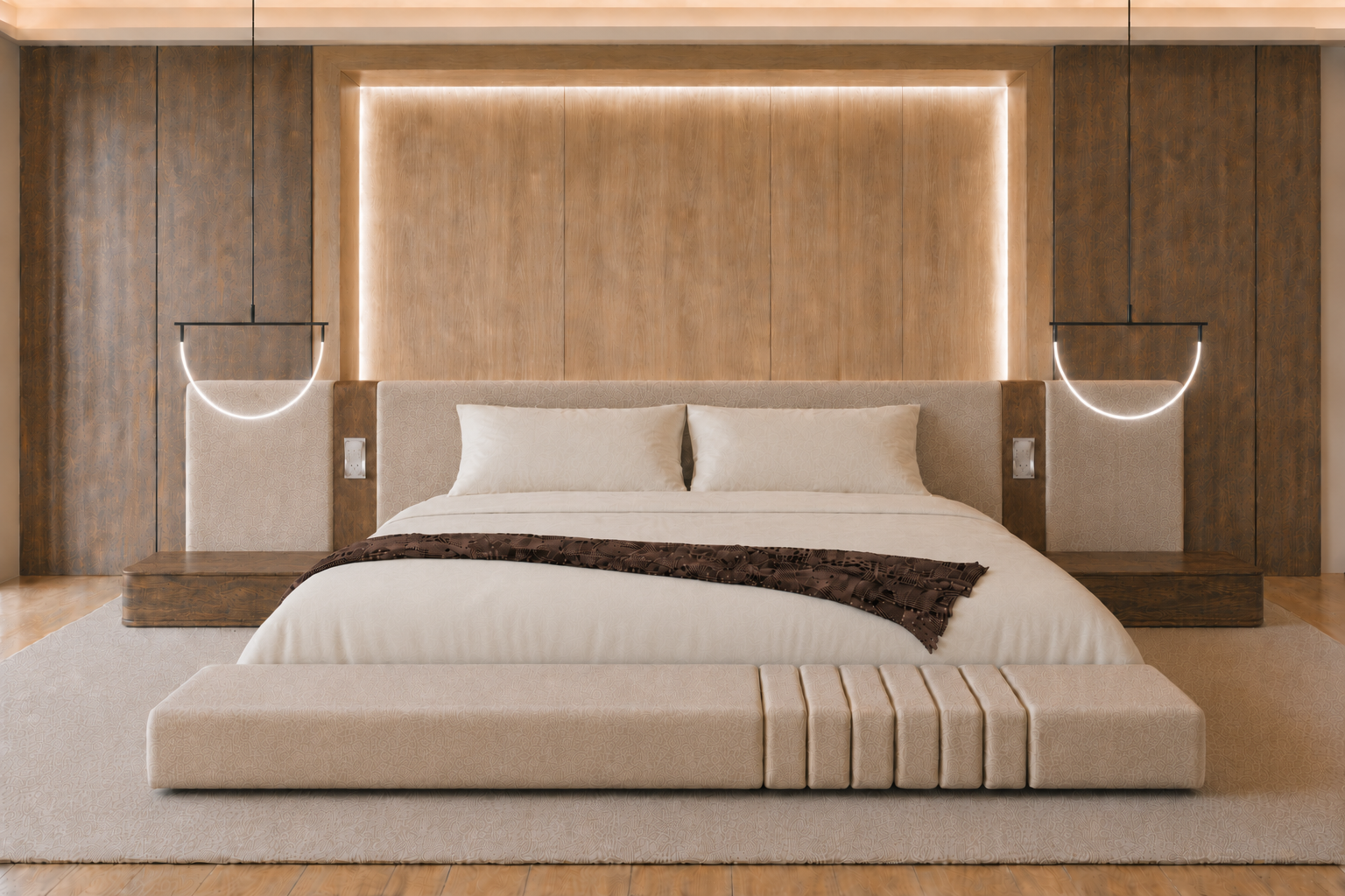 Veyra ivory low-profile bed set with sheesham wood side tables, symmetrical wooden switch panels and an extended channelled front console.