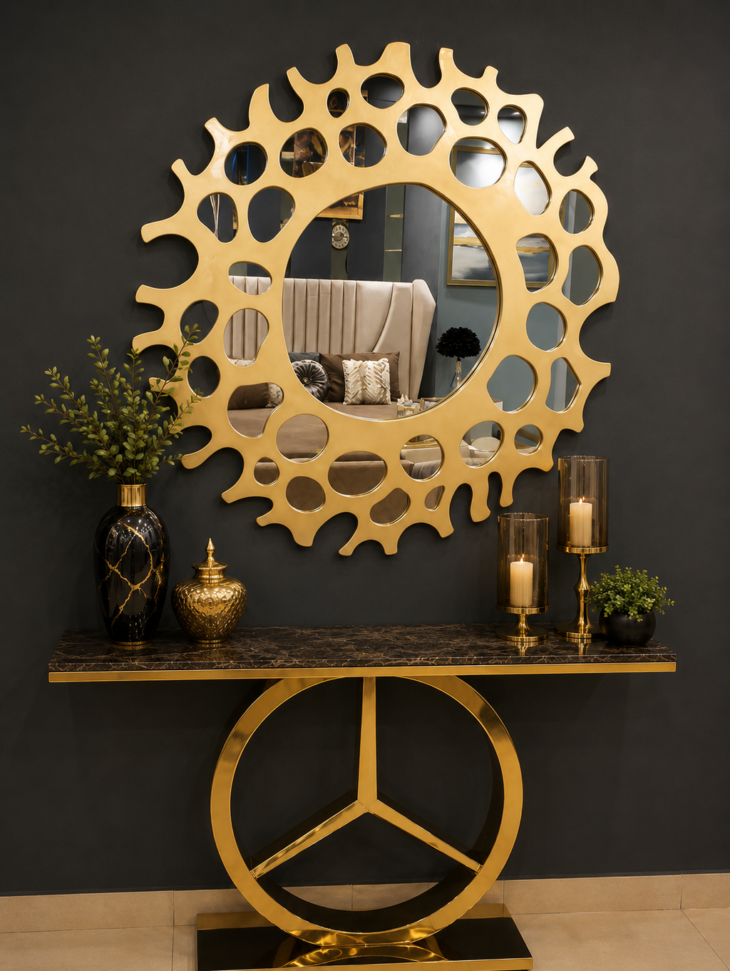 Helios gold round mirror in a styled room setting