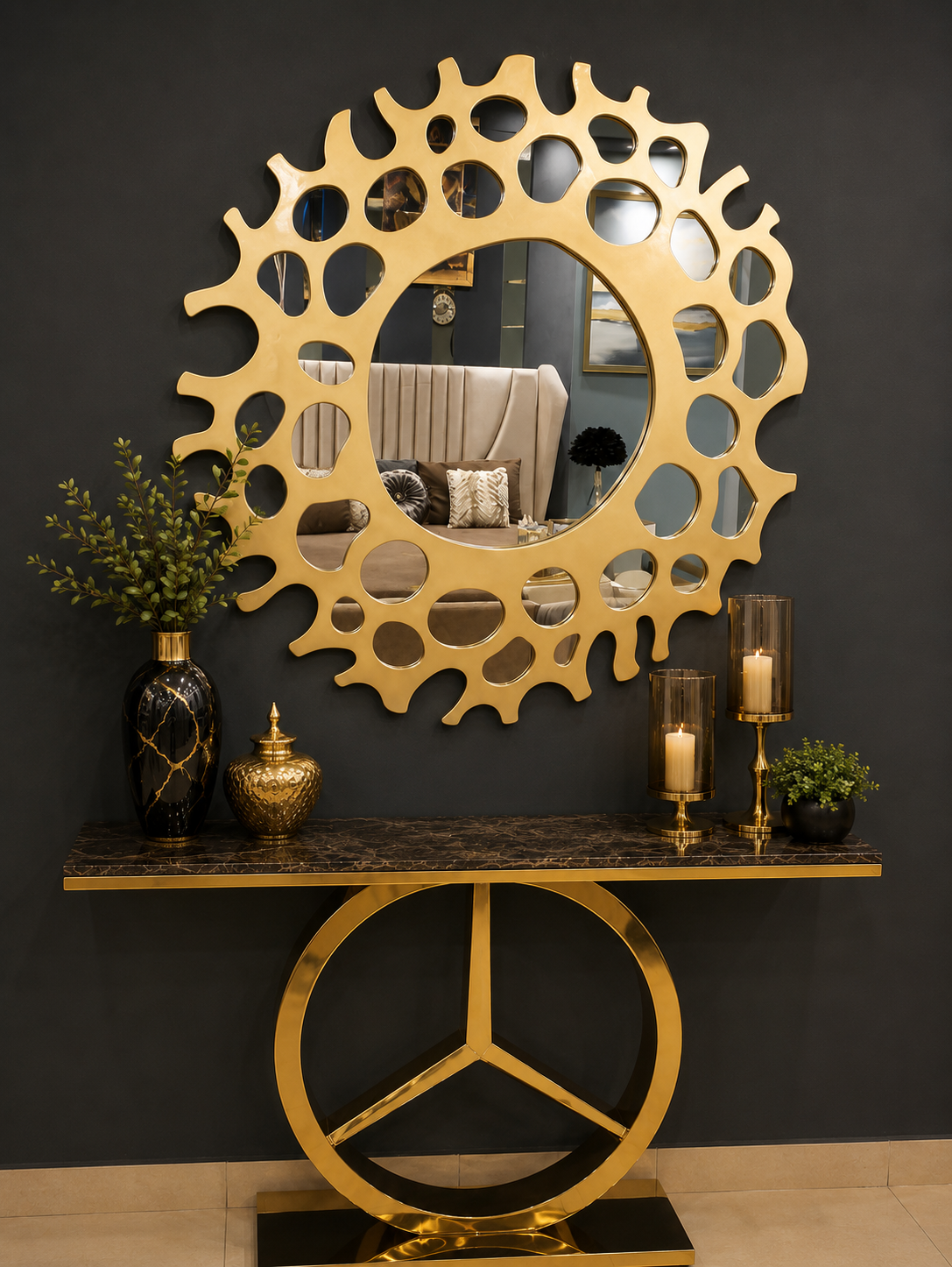 Helios gold round mirror in a styled room setting