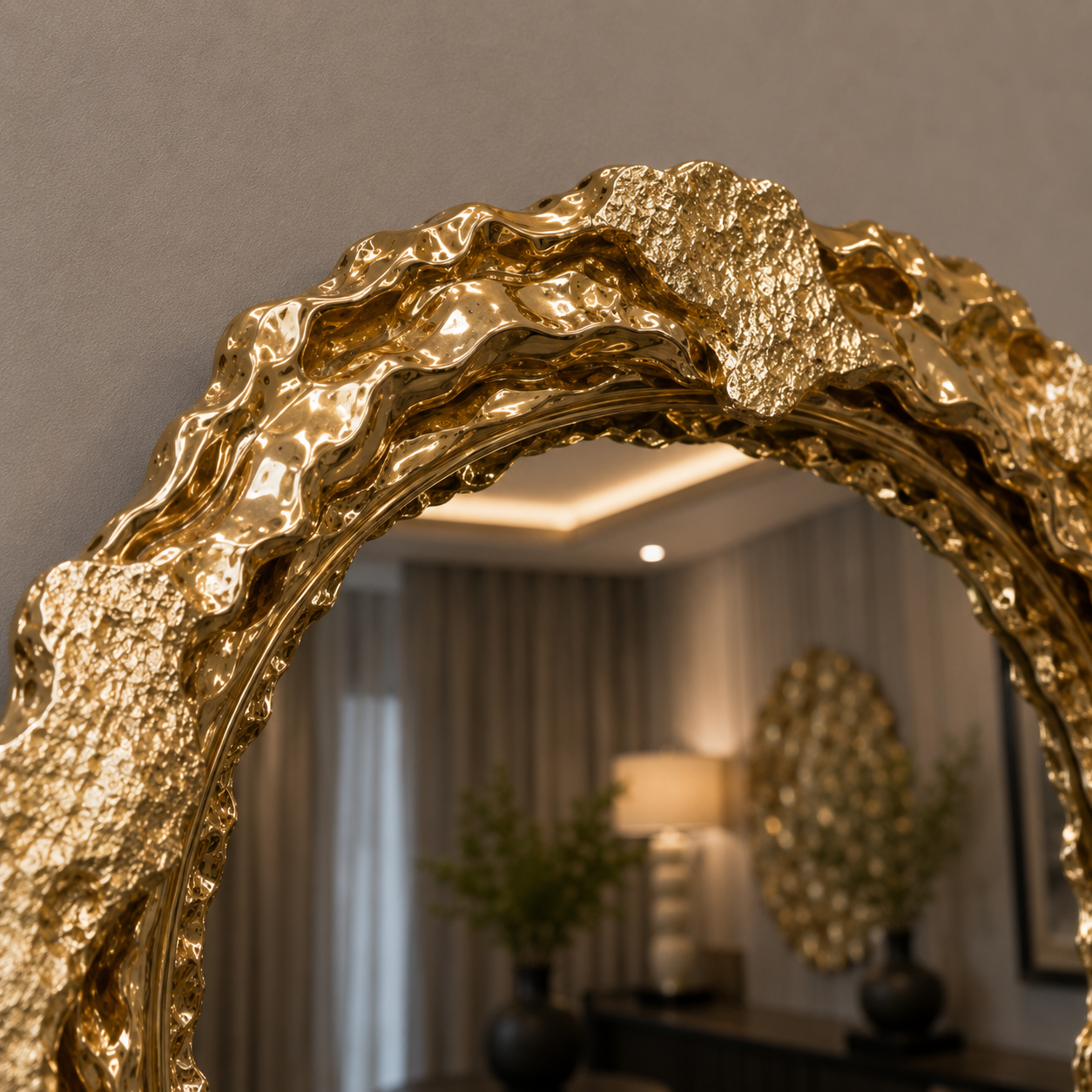 Gold petal wall mirror styled on a wall