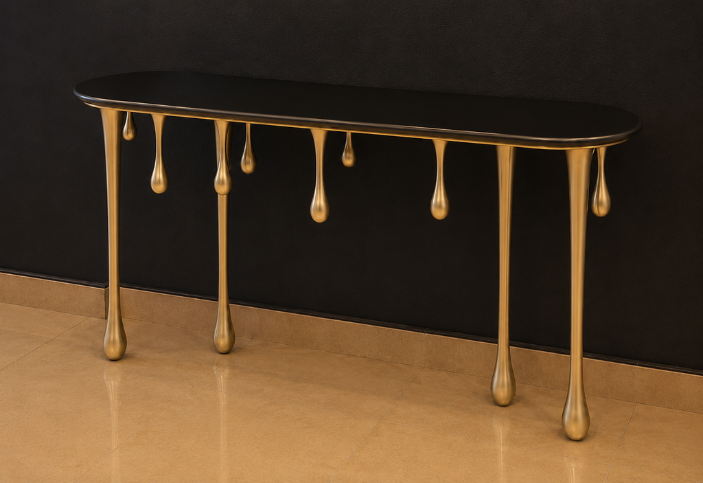 Silver drip console with LED mirror styled in a foyer