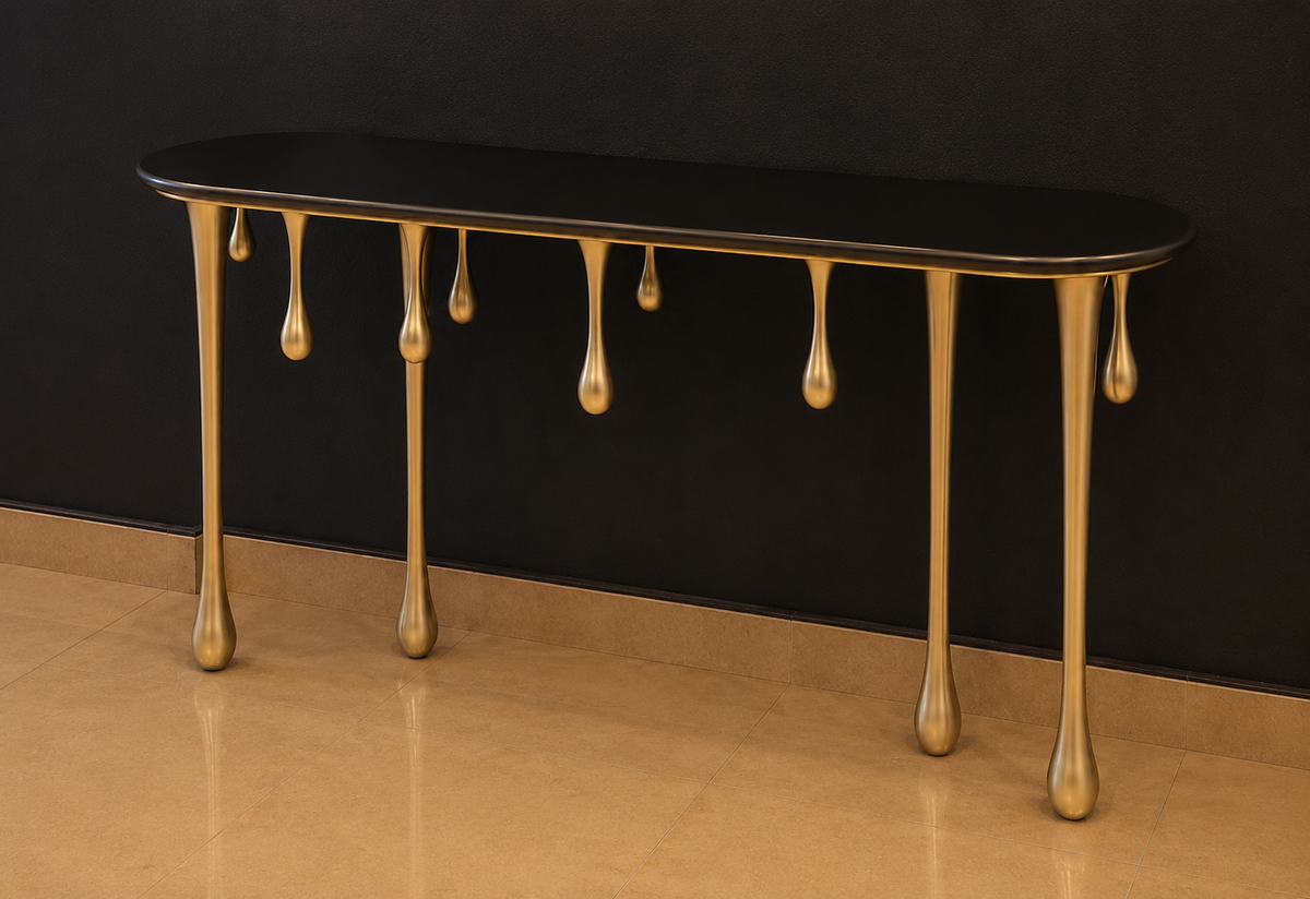 Silver drip console with LED mirror styled in a foyer