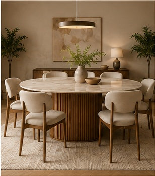 Elara oval 6-seater dining set front view with warm beige upholstered chairs, Sheesham wood base and light sintered stone tabletop.