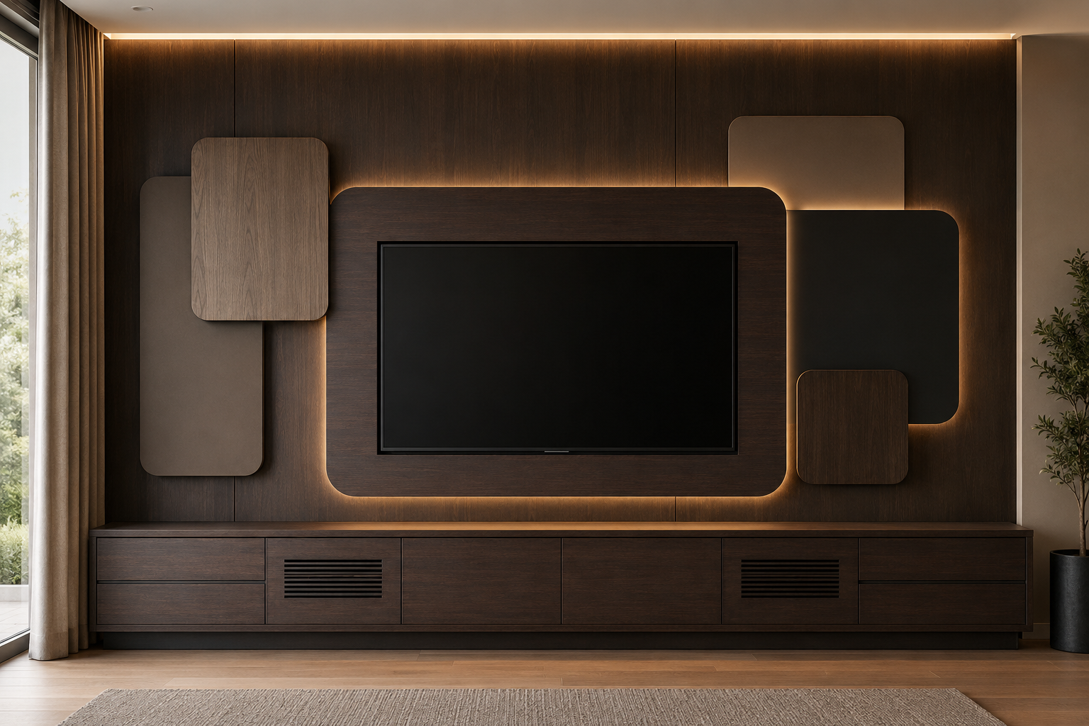 A modern dark wood media wall with a large black television centered within layered geometric wood panels, warm LED lighting, and a matching low media console in a styled interior room.