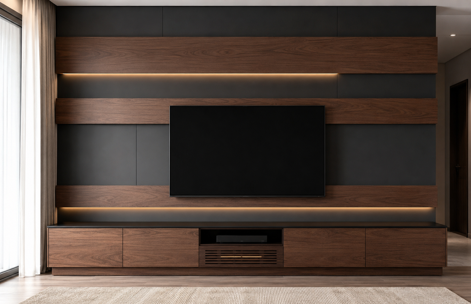A modern wall-mounted entertainment center with dark wood grain cabinets, matte black panels, and warm LED strip lighting, featuring a large black television in the center.