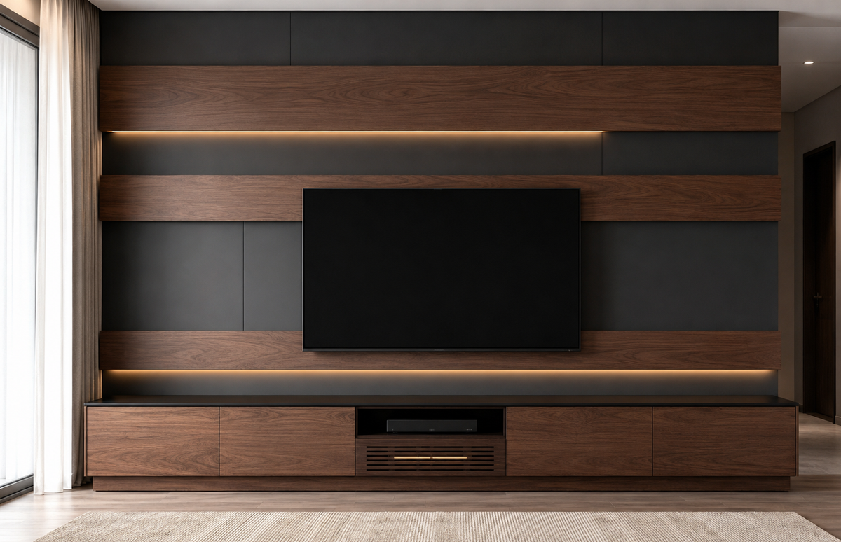 A modern wall-mounted entertainment center with dark wood grain cabinets, matte black panels, and warm LED strip lighting, featuring a large black television in the center.