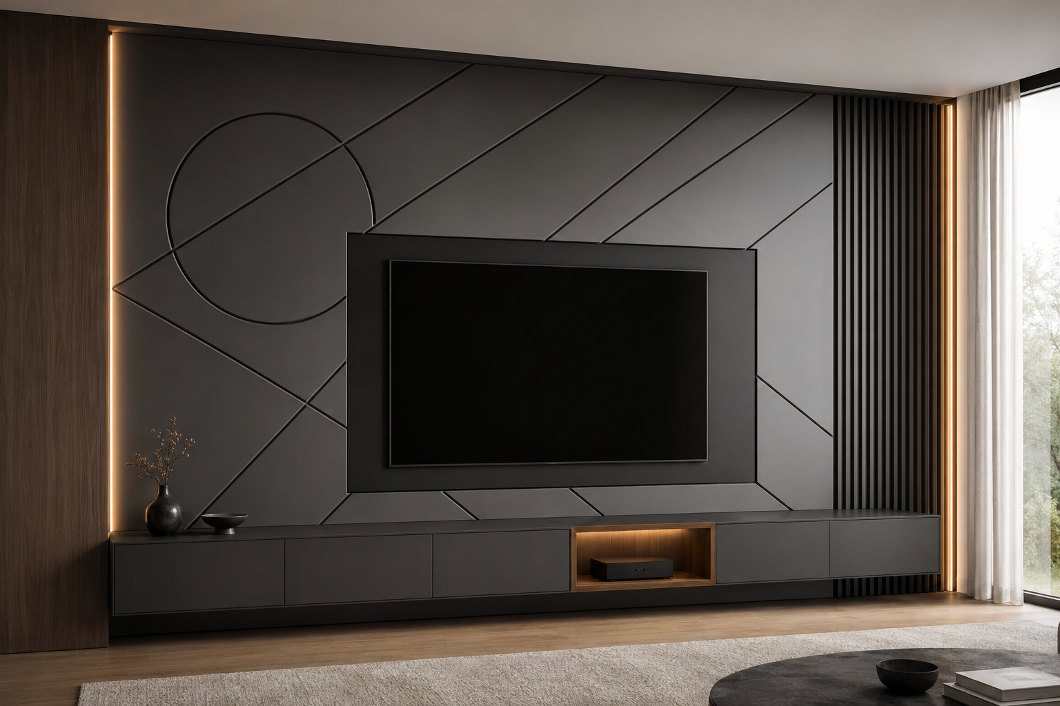 A modern dark gray and black geometric media wall with a large flat-screen TV mounted in the center, a matching floating console below, warm LED strip lighting, and a light wood floor in a contemporary living room.