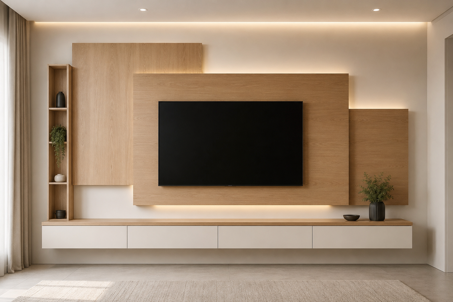 A modern wall-mounted TV and floating console in a minimalist living room. The TV is black and centered on a light wood panel, with a matching floating white media console below and open shelving on the left.