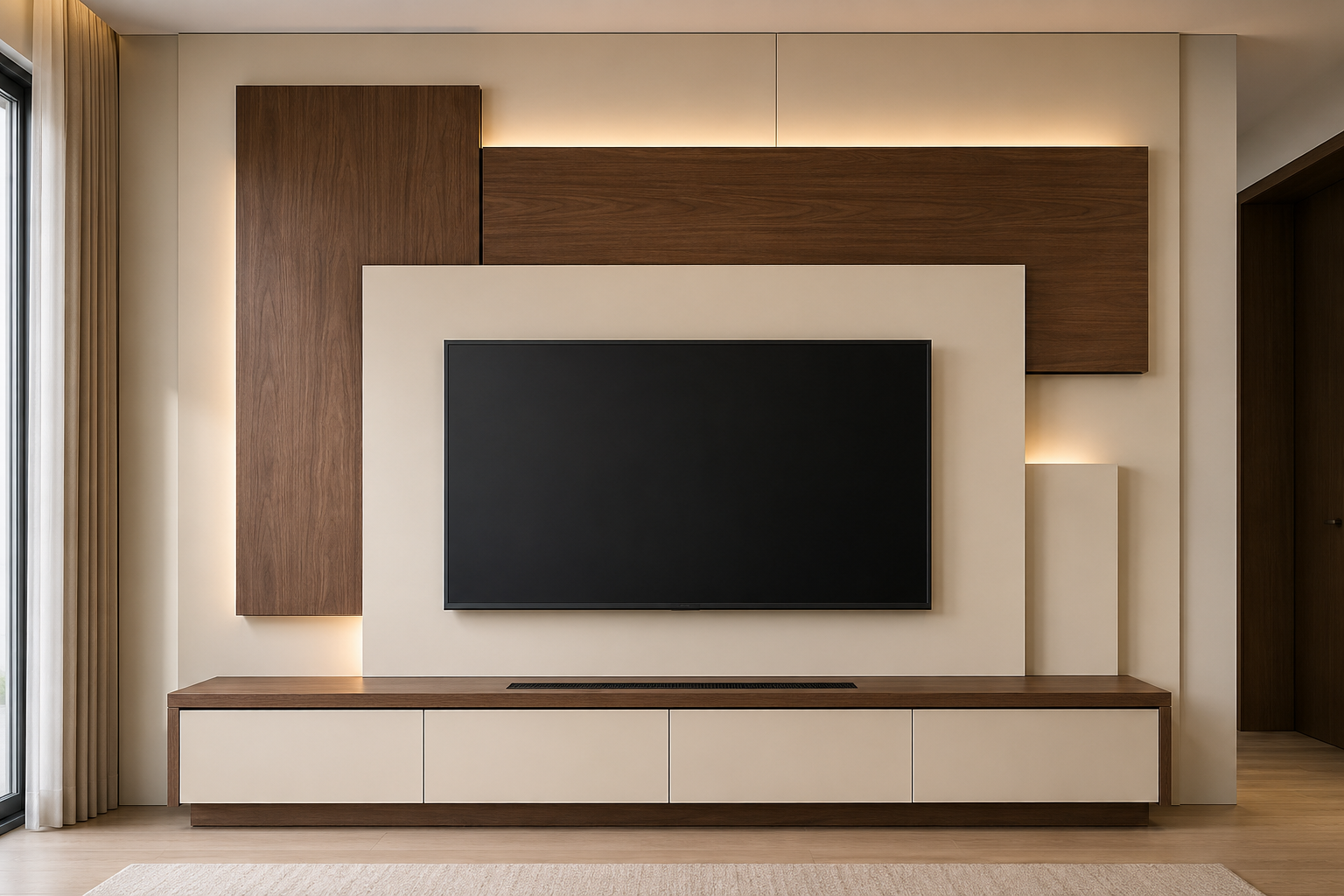 A modern wall-mounted television setup in a living room, featuring a black flat-screen TV centered within a cream-colored geometric wall panel, with matching cream and dark wood media console and cabinet panels below.