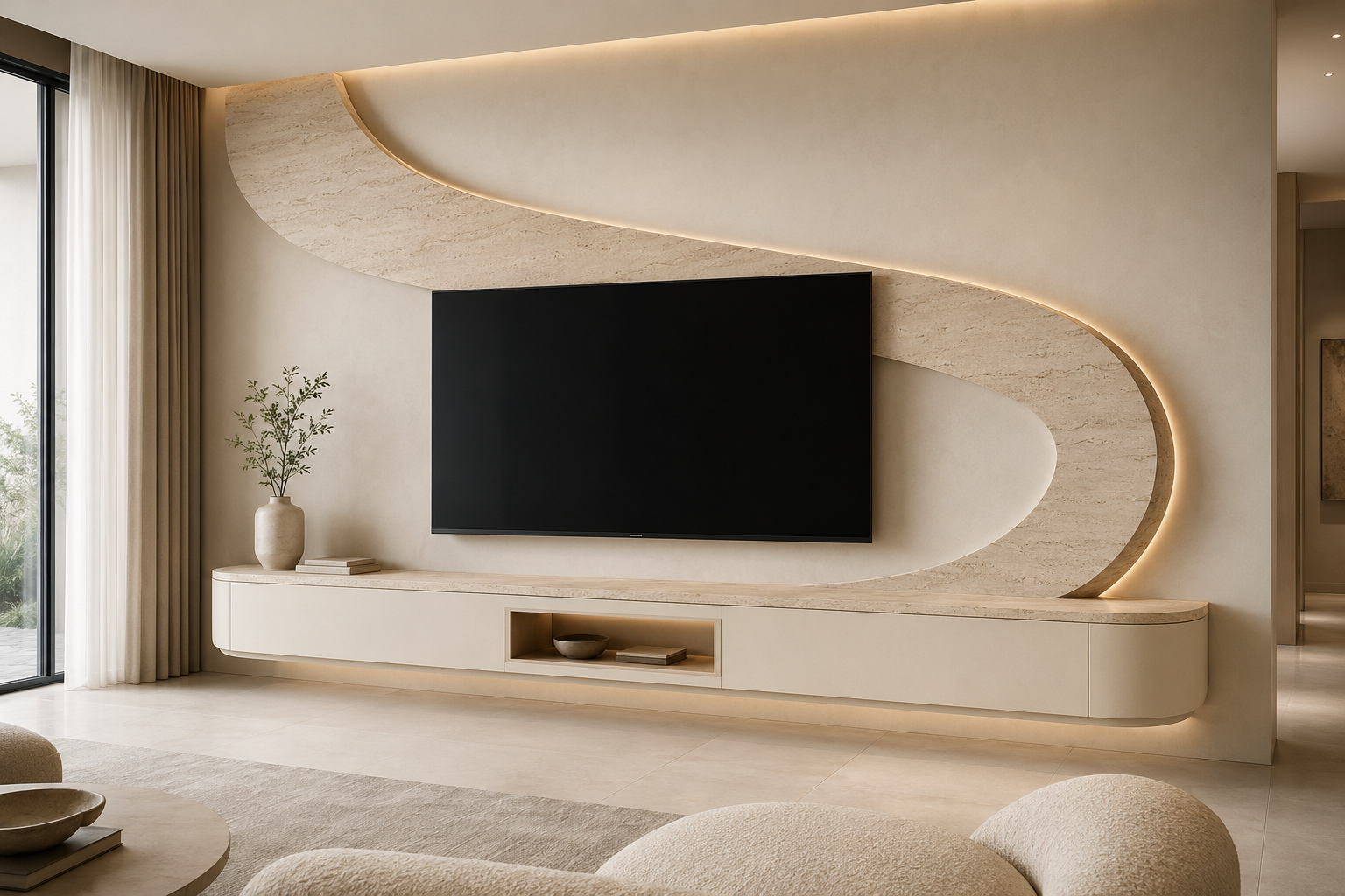 A modern living room featuring a large black flat-screen TV mounted on a sculptural beige stone wall with warm LED backlighting. Below the TV is a low-profile floating white media console with open shelving, set against a minimalist interior with neutral tones.